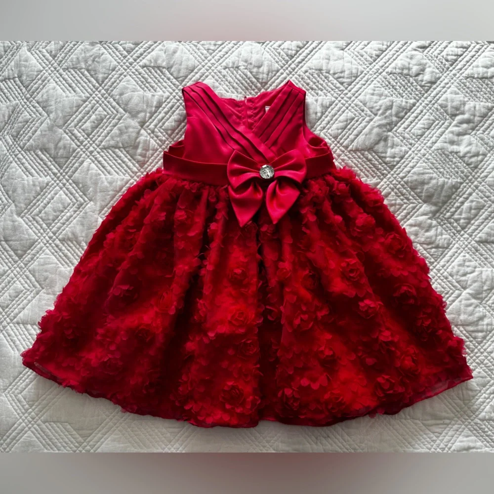 Nannette Floral Tiered Infant Dress 12M Fuchsia Rosettes Bow Pageant Dress